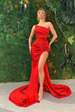 Charming Mermaid Ruffled Slit Red Satin Long Prom Dresses Chic Evening Dresses S18908