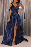 Navy Blue One-Shoulder Sequins Prom Dresses Sexy A-Line Side-Slit Cheap Evening Gowns S5920