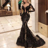 modest black prom dresses long sleeve lace appliqu¨¦ elegant evening gown formal dresses S11019