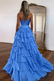 Cathy Strapless Tiered Ruffles A-line Prom Dress A-line Side Split vestidos de noiva Customized Zip Back Chiffon Evening Gown
