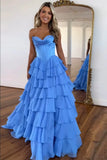 Cathy Strapless Tiered Ruffles A-line Prom Dress A-line Side Split vestidos de noiva Customized Zip Back Chiffon Evening Gown
