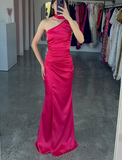 Elegant One Shoulder Hot Pink Satin Sheath Prom Dress Long Evening Dress Y8419
