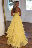 Cathy Strapless Tiered Ruffles A-line Prom Dress A-line Side Split vestidos de noiva Customized Zip Back Chiffon Evening Gown