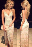 Spaghetti Straps Long Prom Dress Lace Party Dress With Front Split