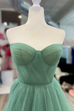 Green Strapless Floral Long Prom Dresses Green Formal Dresses Green Tulle Evening Dresses Y4640
