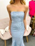 Chic Strapless Mermaid Evening Dress Blue Satin Print Prom Dress Y8234