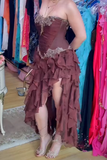 Vintage Hot Pink Lace Chiffon Ruffles Evening Dress Strapless Prom Dress Y8252