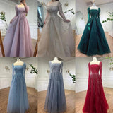 Serene Hill Muslim Pink A Line Beaded Luxury Dubai Long Evening Dresses Gowns   For Woman Wedding Party