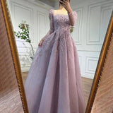 Serene Hill Muslim Pink A Line Beaded Luxury Dubai Long Evening Dresses Gowns   For Woman Wedding Party
