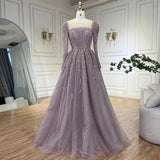 Serene Hill Muslim Pink A Line Beaded Luxury Dubai Long Evening Dresses Gowns   For Woman Wedding Party
