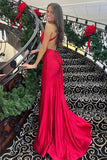 Simple Red Mermaid Satin Halter Backless Prom Dresses, Evening Dress