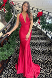 Simple Red Mermaid Satin Halter Backless Prom Dresses, Evening Dress