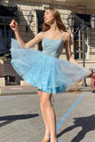 Sparkly Blue A-line Spaghetti Straps Homecoming Dress, Short Prom Dresses