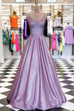 Sparkly Lavender A-line V-neck Spaghetti Straps Prom Dresses, Evening Dress