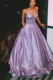 Sparkly Lavender A-line V-neck Spaghetti Straps Prom Dresses, Evening Dress