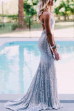 Sparkly Silver Sequins Mermaid Backless Long Prom Dresses, Evening Gown