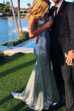 Sparkly Silver Sequins Mermaid Backless Long Prom Dresses, Evening Gown