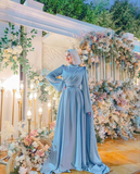 Modest A-line Blue Long Evening Dress Blue Maxi Dress Y6976