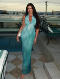 Elegant Blue Chiffon Backless Printed Long Prom Dress Evening Gown Y8478