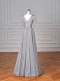 Sparkly Gray Tulle Sequins A Line Prom Dress Sexy V Neck Evening Dress Y8638
