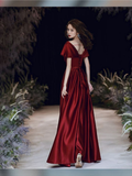 A-line Evening Dress V-neck Prom Gown Short Cap-sleeve Party Robe Long Satin Formal Women Custom-made Dress Y4574
