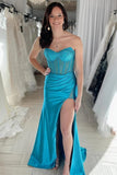 Teal Sheath Silk Satin Beaded Strapless Prom Dresses With Slit, Party Dress