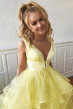 Tulle V-neck Yellow Prom Dresses A-line Long Party Dresses with Ruffles