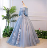 Unique blue tulle lace long prom dress blue evening dress S13770