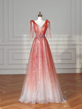 Elegant V Neck Tulle Sequins Prom Dress Strawberry Pink A Line Long Evening Dress Y8614