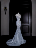 Beautiful Mermaid Sequin Beaded Evening Dress Blue Tulle Prom Dress Y8690