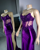 Purple Strapless Satin Lace Appliques Prom Party Dress Mermaid Sexy Split Evening Dress Y8121