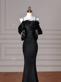 Elegant Black Spaghetti Straps Satin Off The Shoulder Mermaid Evening Dress Prom Dress Y8641