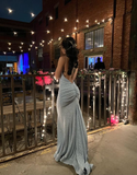 Sparkly Blue Backless Evening Dress Blue Evening Gown Y7416