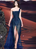 Navy Blue One Shoulder Tulle Sequins Evening Dress Long Slit Prom Dress Y8356