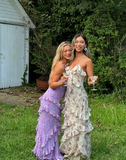 Charming Spaghetti Straps Lavender Chiffon Print Floral Evening Dress Ruffles Long Prom Dress Y8266