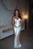 Fashion Spaghetti Straps Long Bridesmaid Dress White Satin Prom Evening Dress Y8095