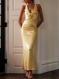 Sexy V Neck Yellow Sequins Sheath Prom Evening Dress With Flowers Y7891