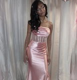 Pink Strapless Satin Mermaid Evening Dress Long Prom Dress Y7721