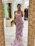 Romantic Spaghetti Straps V Neck Chiffon Print Prom Dress,Charming Evening Dress Y2306