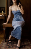 Elegant Blue velvet Prom Dress Spaghetti Straps Evening Dress Y8193
