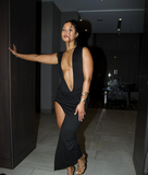 Sexy Deep V Neck Black Evening Dress Black Evening Gown Y4446