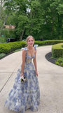 A-line Blue Floral Print Long Prom Dress Blue Evening Dress Y2560