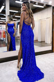 Sparkly Royal Blue Spaghetti Straps Sequins Mermaid Long Prom Dress with Slit