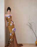 Vintage Satin Print Mermaid Evening Dress Strapless Long Prom Dress Y8545