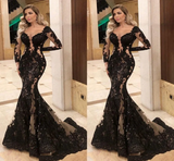 modest black prom dresses long sleeve lace appliqu¨¦ elegant evening gown formal dresses S11019