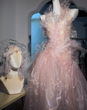 Fairy Pink Tulle Beaded Prom Dress Long Backless Evening Dress Y8564