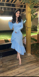Mermaid Light Blue Women's Prom Dresses V Neck Long Sleeves Formal Occasion Dress Temperament Evening Dress Y4764