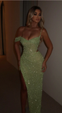 Sparkly Sage Green Sequins Off-The-Shoulder Split Prom Dress Formal Evening Gown Y7983