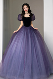 Purple Tulle Short Sleeve Formal Dress Cute A-Line Evening Dress Y4291