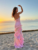 Romantic Spaghetti Straps V Neck Chiffon Print Prom Dress,Charming Evening Dress Y2306